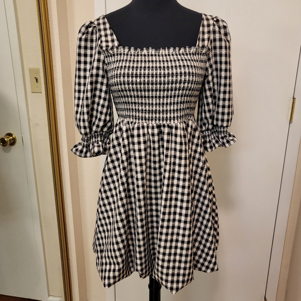 Black White Gingham Puff Sleeve Dress